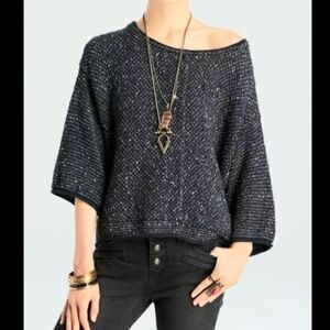 Free People "Under Your Spell" Navy &White Knit Crop Sweater. Oversized XS. Boho